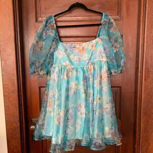 Shein blue puff sleeve floral dress L runs small